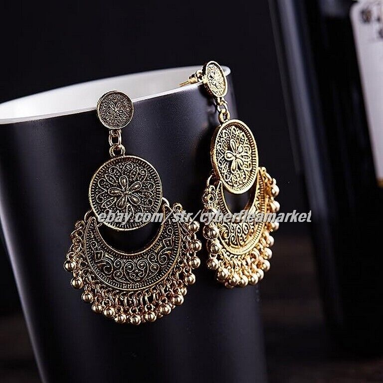Gmai Antique Ethnic Brocade Mexico Gypsy Engraved Lotus Hook Dangle Earrings
