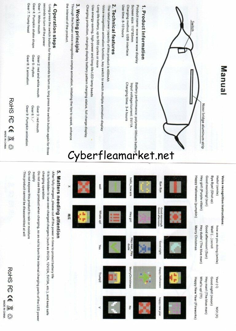 New Voice Activated LED Face Mask - Imitates Moving Lips - Animation Controls