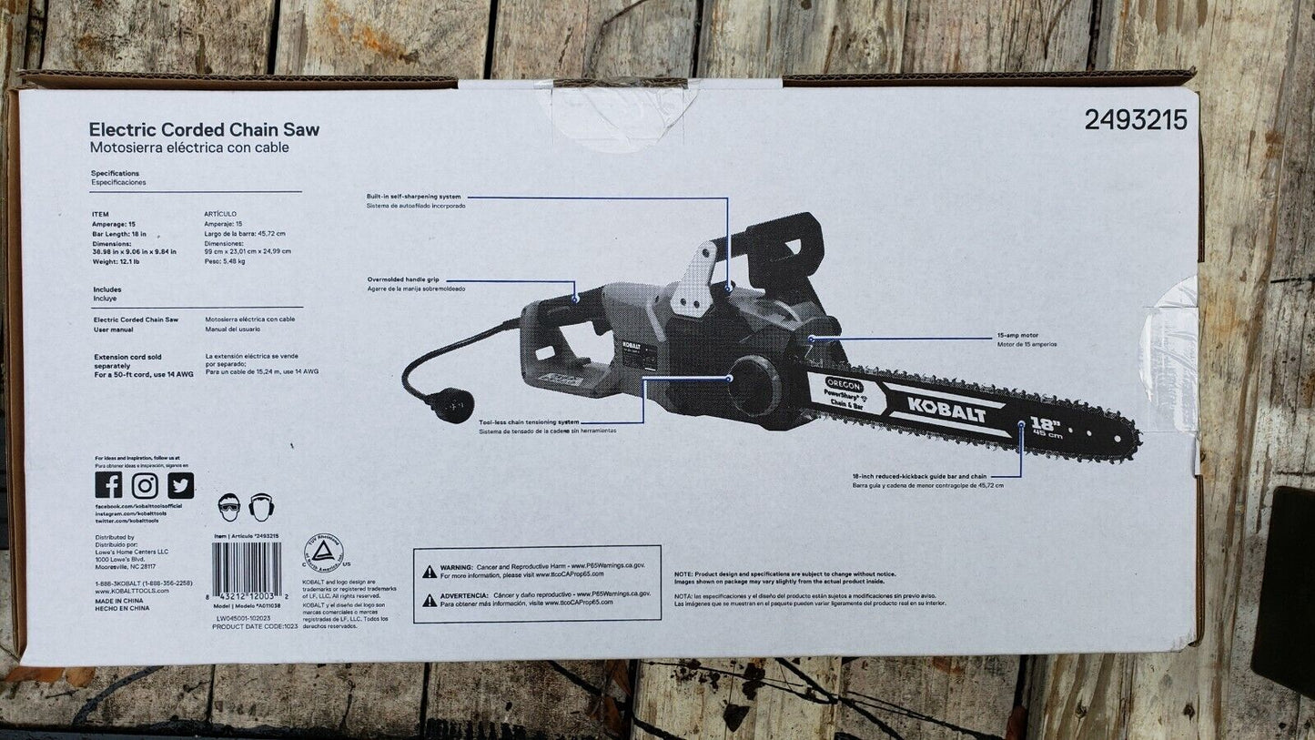 Kobalt A011038 18-in Corded Electric 15 Amp Chainsaw - BRAND NEW UNOPENED