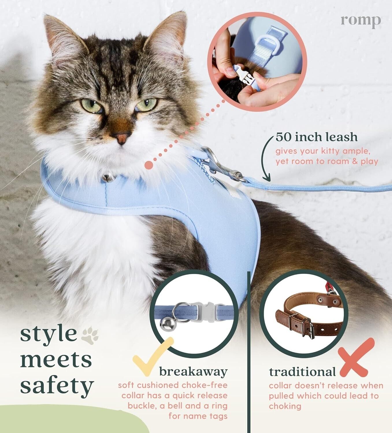 Cat Harness, Collar & Leash Set - Escape Proof Adjustable Choke Free. LARGE Blue