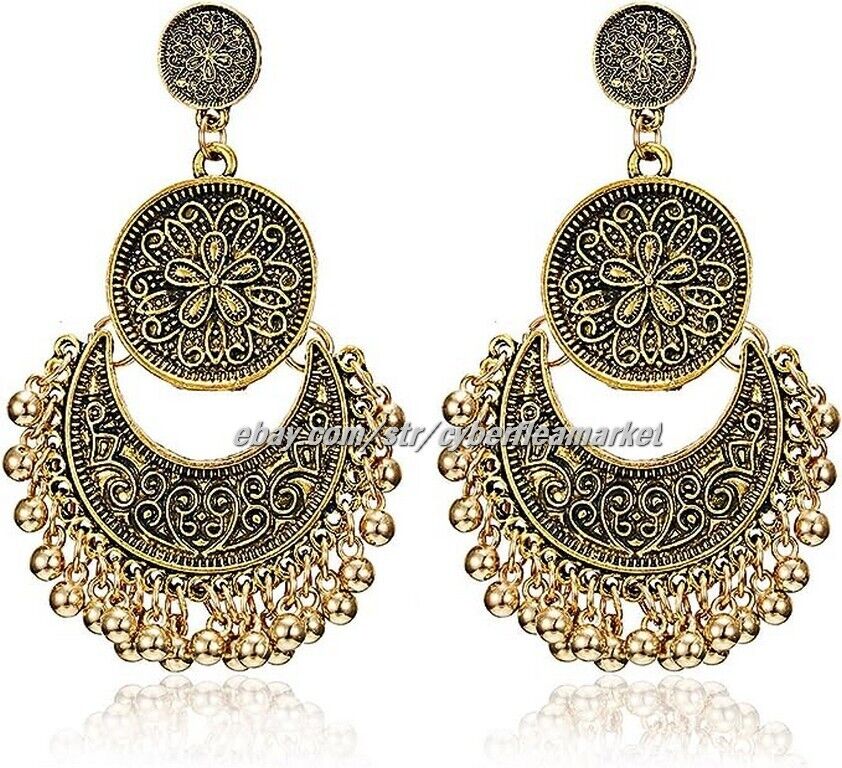 Gmai Antique Ethnic Brocade Mexico Gypsy Engraved Lotus Hook Dangle Earrings