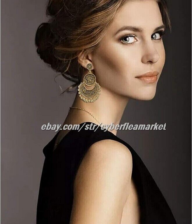 Gmai Antique Ethnic Brocade Mexico Gypsy Engraved Lotus Hook Dangle Earrings
