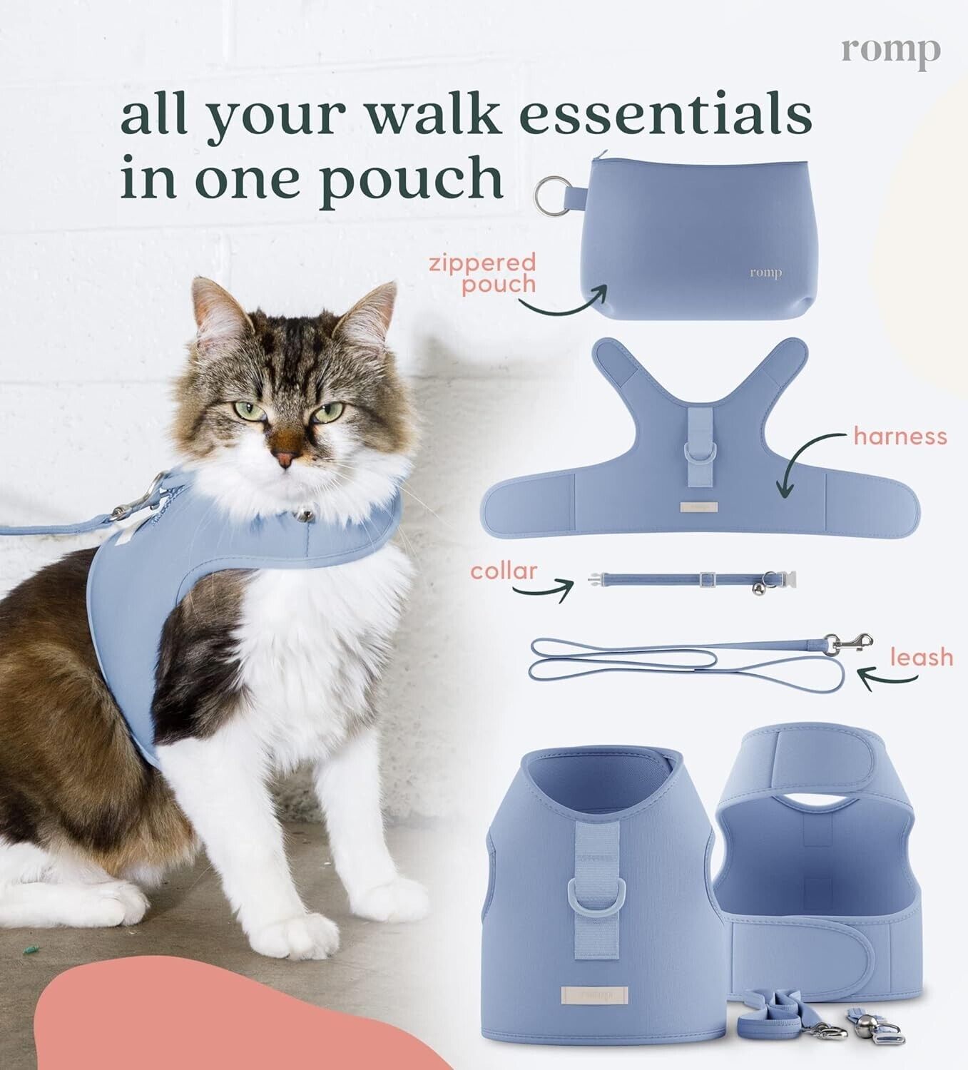 Cat Harness, Collar & Leash Set - Escape Proof Adjustable Choke Free. LARGE Blue