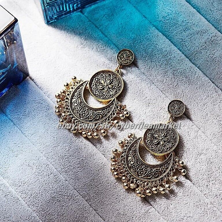 Gmai Antique Ethnic Brocade Mexico Gypsy Engraved Lotus Hook Dangle Earrings