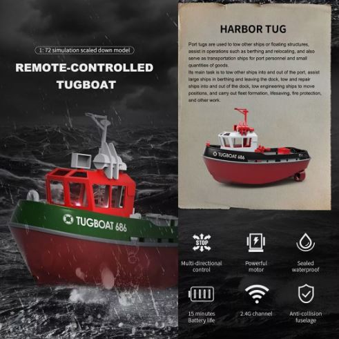 RC Tugboat 686 Model (1/72) - 2.4G, Wireless, Dual Motor, Remote Control,
