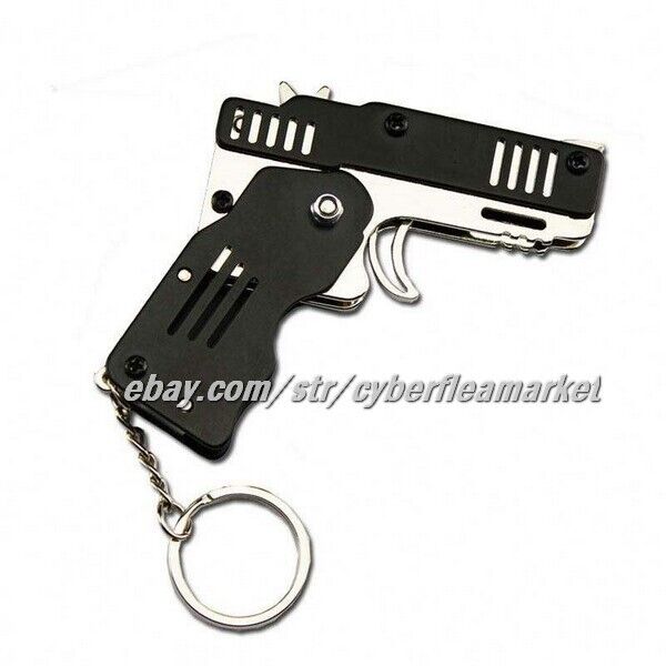 Gun Keychain Elastic Rubber Band Shooting Pistol Folding