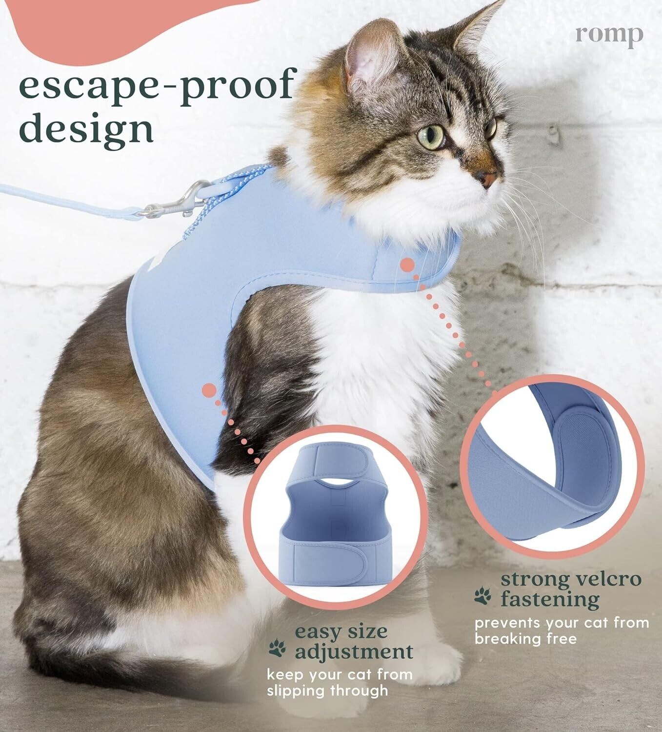 Cat Harness, Collar & Leash Set - Escape Proof Adjustable Choke Free. LARGE Blue