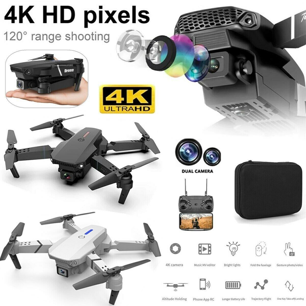 E88 Pro WIFI FPV Foldable Quadcopter HD 4K Wide Angle Dual Camera Drone GREY