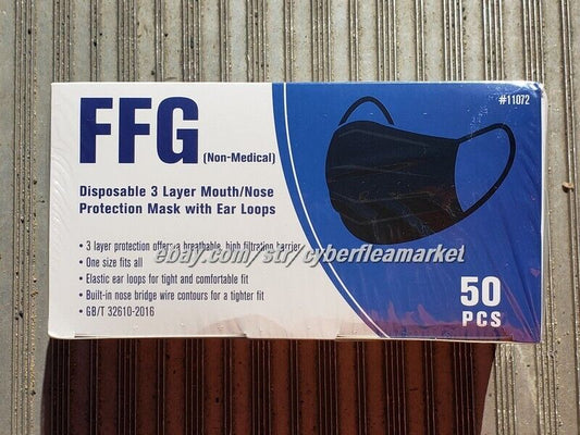 FFG Face Masks Disposable 3 Layer Non Medical Face Mask, One Size Fits All 50pk