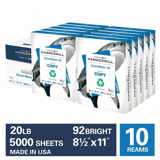 Hammermill Great White 30% Recycled 20lb Copy Paper 8.5x11, 92 Bright, 5K Sheets