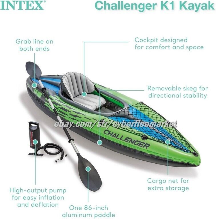 INTEX Challenger Inflatable Kayak K1 w Deluxe 86in Kayak Paddles + Pump