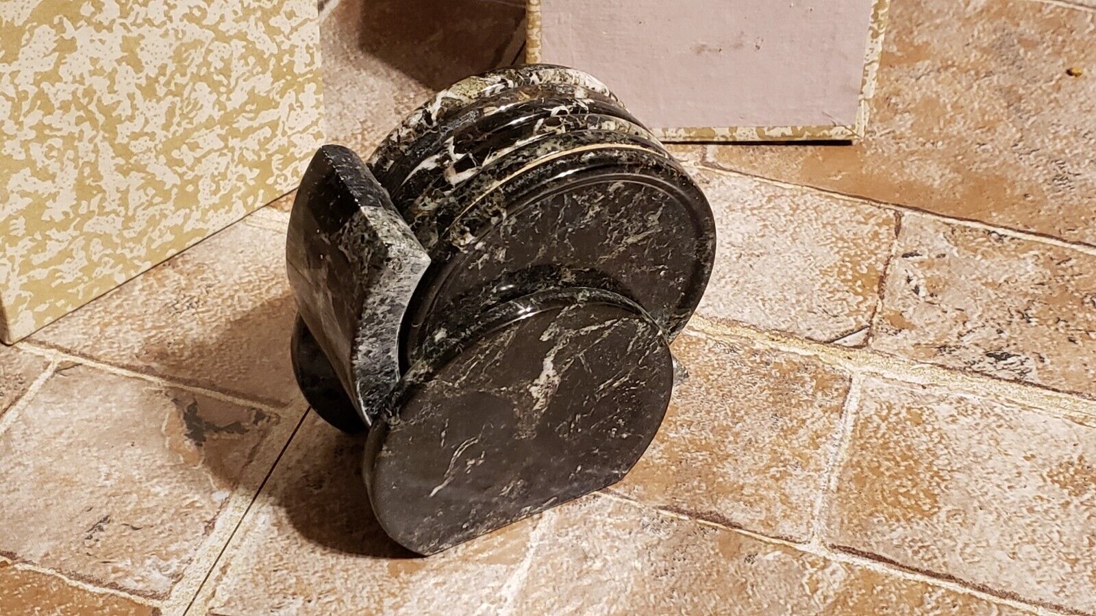 Set Of 6 Black Marble Coaster Set With Marble Holder