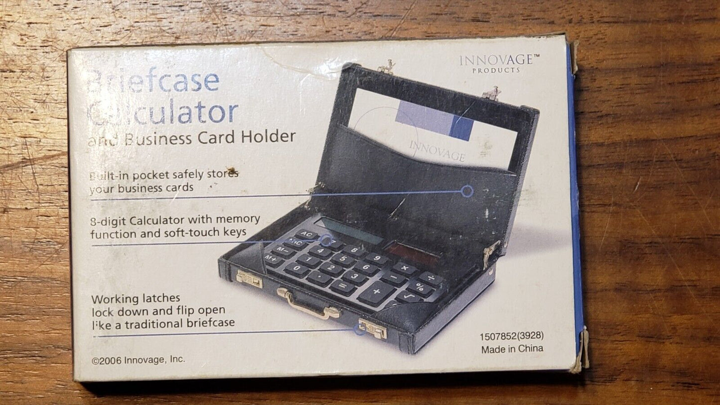 Miniature briefcase executive business card holder with solar calculator