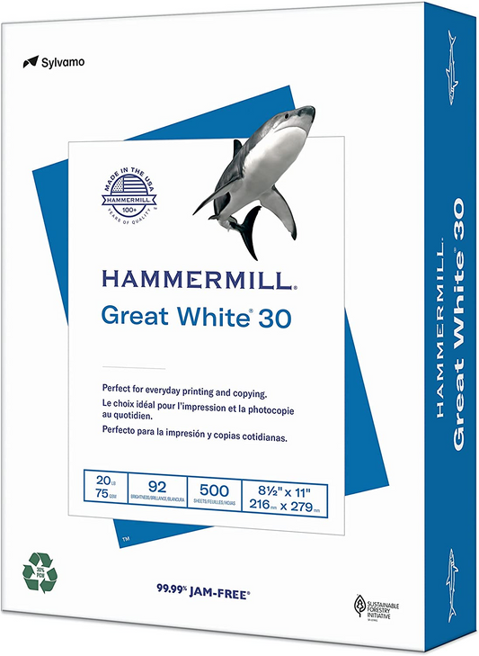 Hammermill Printer Paper, Great White 30% Recycled Paper, 8.5 X 11 - 1 Ream (500