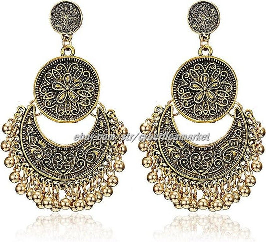 Gmai Antique Ethnic Brocade Mexico Gypsy Engraved Lotus Hook Dangle Earrings