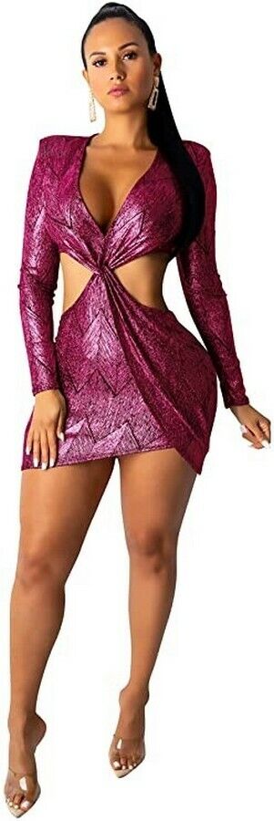 ThusFar Women Sexy Bodycon Mini Dress - Deep V Neck Long Sleeve Party Clubwear