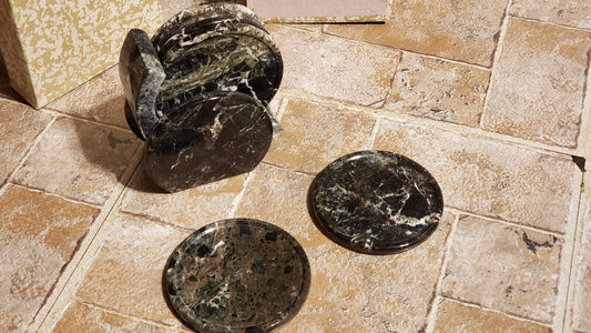 Set Of 6 Black Marble Coaster Set With Marble Holder