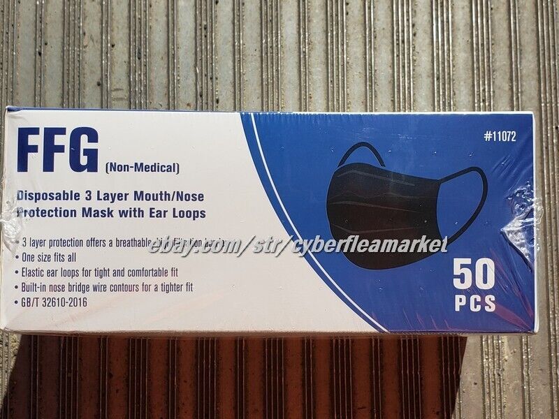 FFG Face Masks Disposable 3 Layer Non Medical Face Mask, One Size Fits All 50pk