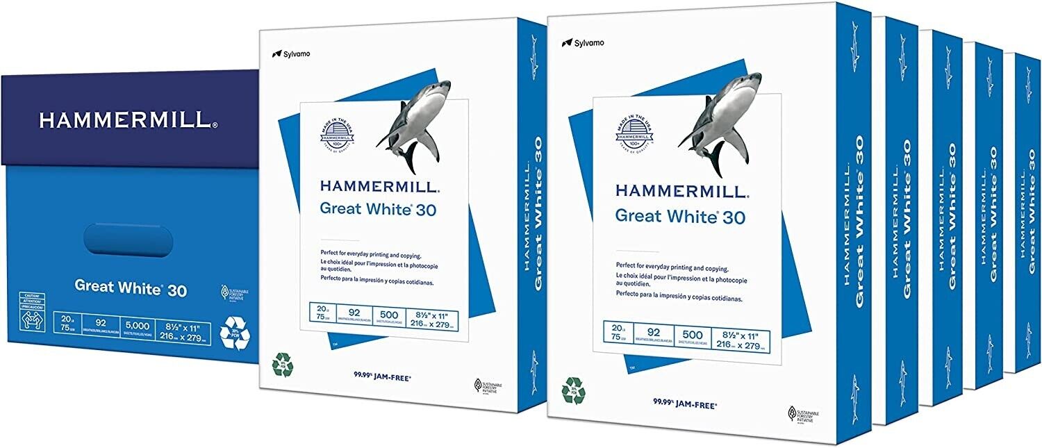 Hammermill Printer Paper Great White 30% Recycled 8.5 x 11 - 3 Ream 1500 sheets