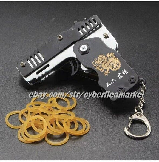 Gun Keychain Elastic Rubber Band Shooting Pistol Folding